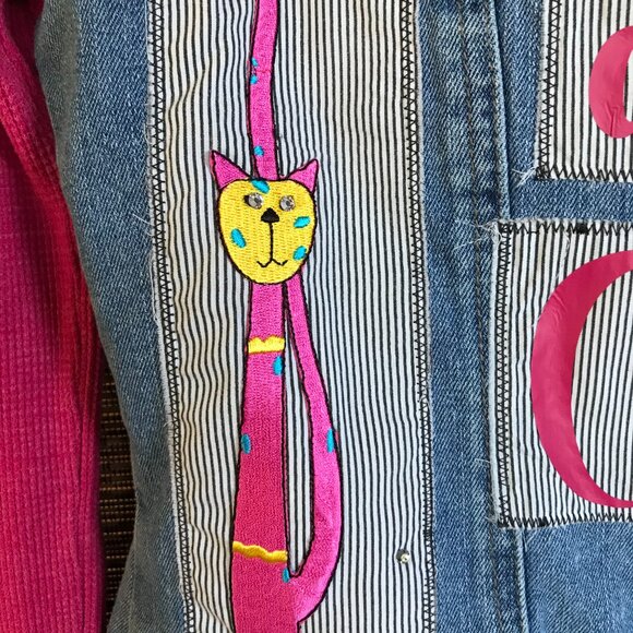 Upcycled Jean Jacket, Size Small: Patchwork Cat Graphics, Waffle Knit Sleeves - Picture 6 of 12